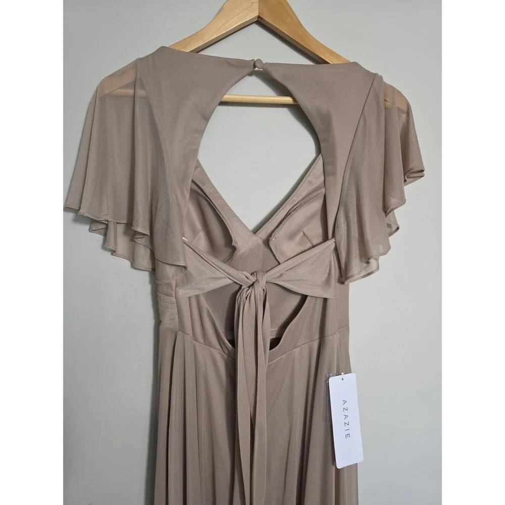 Azazie Indie Taupe Maxi Dress A6 Bridesmaid Formal Flutter Sleeve - Picture 5 of 14
